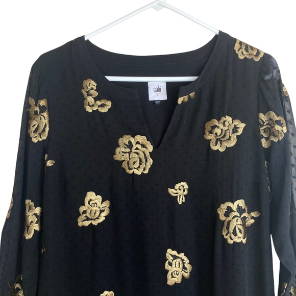 Cabi Black Dress Shift The Occasion Gold Floral Embroidered Swiss Dot Sz S - Picture 4 of 9